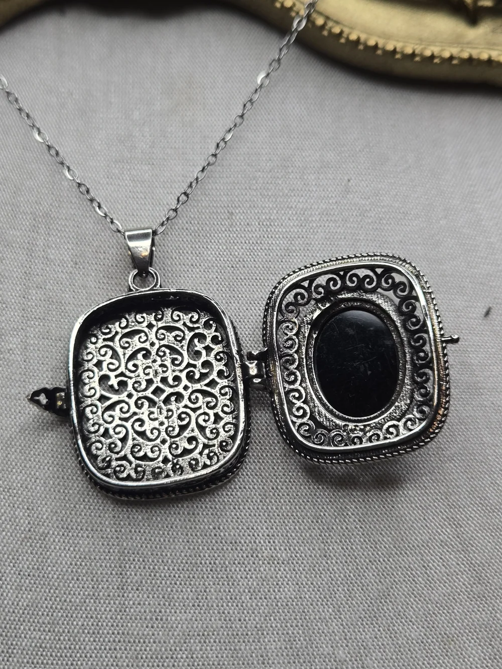 Sterling-Style Silver Locket Necklace with Iridescent Blue Stone